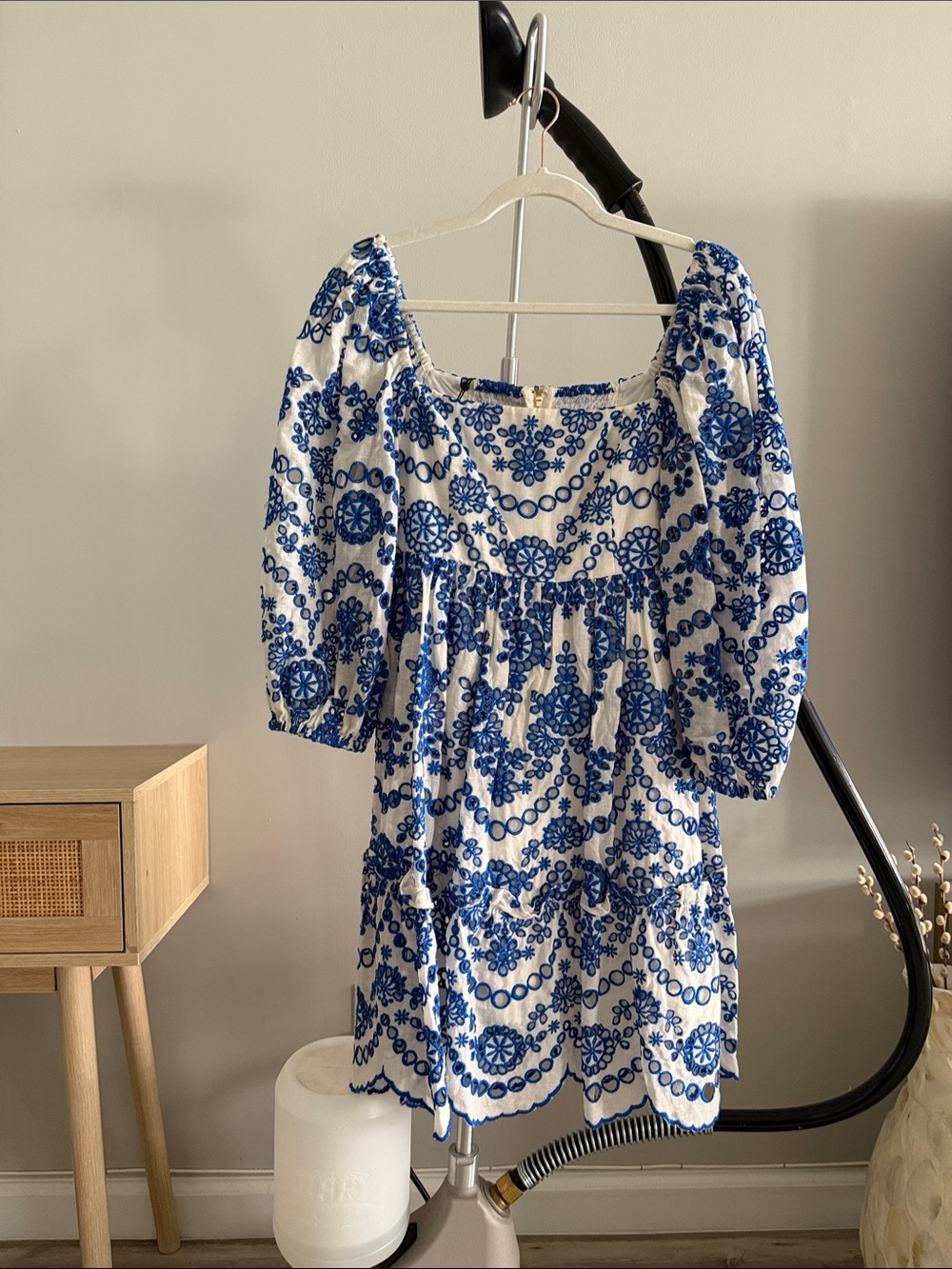 Cara Cara White Mini Dress with Blue Floral Embroidery